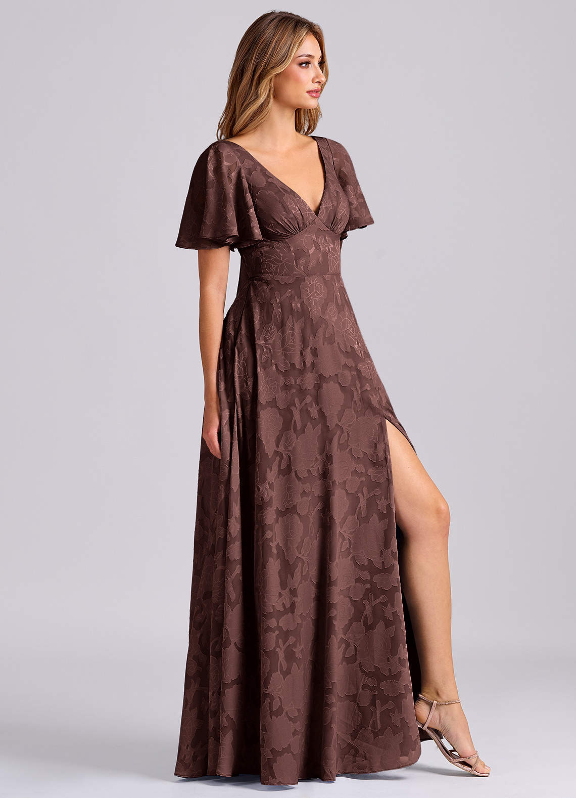 Kimber A-Line V-Neck Floral Burnout Bridesmaid Dress in Espresso