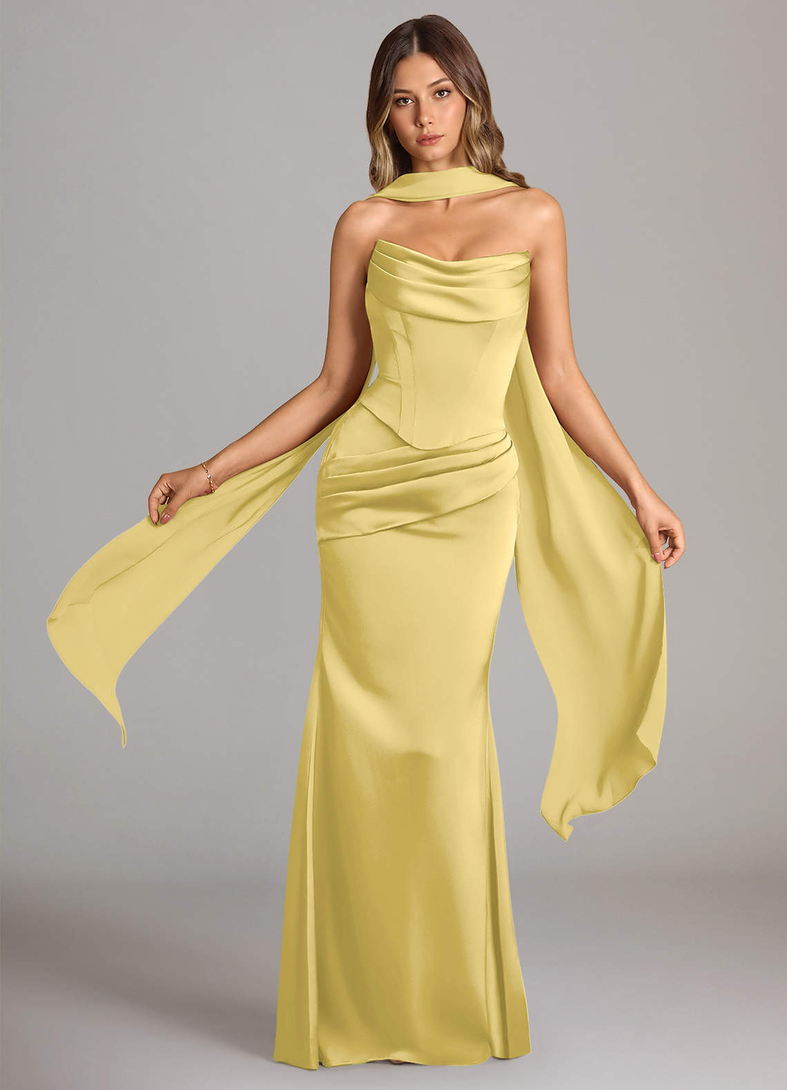 Sorrel Mermaid Cowl-Neck Stretch Satin and Chiffon Bridesmaid Dress in Canary