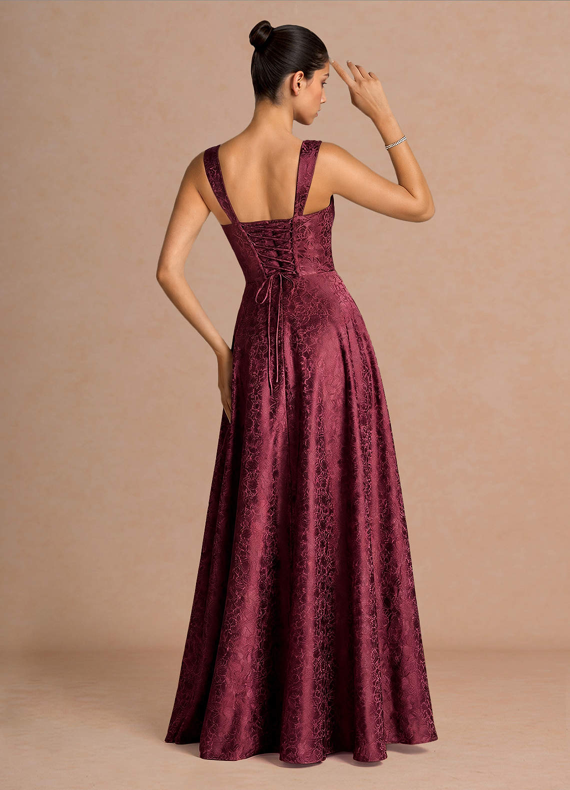 Elowena A-Line Square-Neck Satin Jacquard Evening Dress in Wine