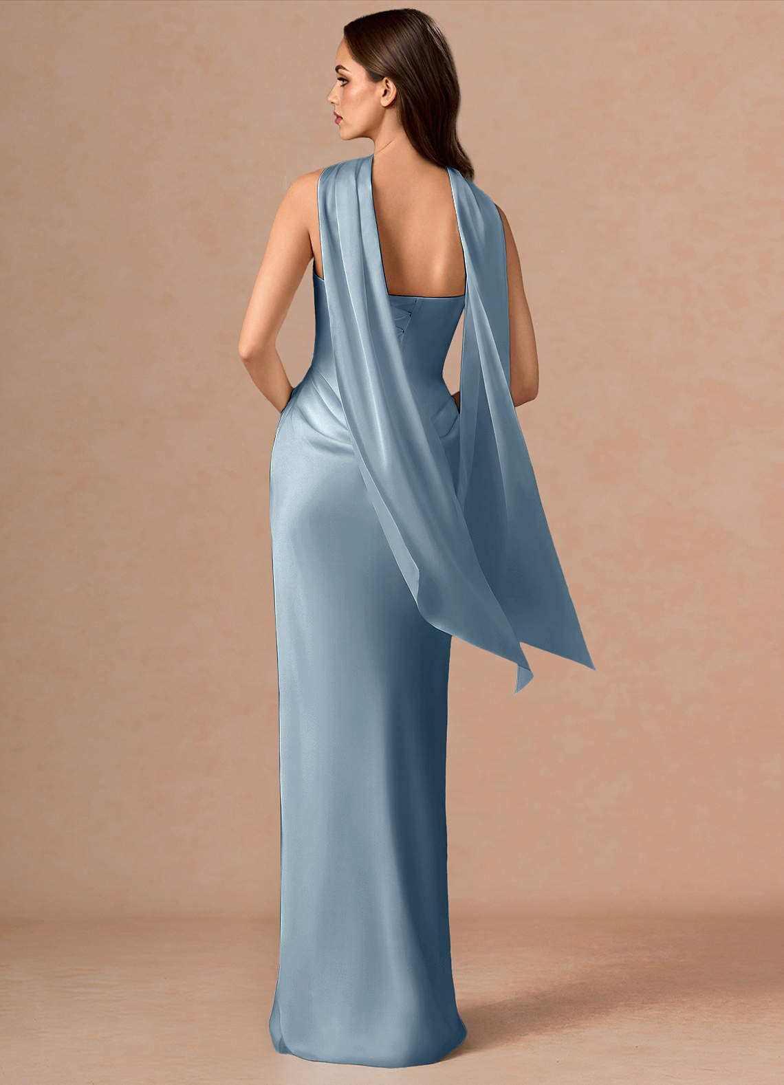 Valencia Scarf Lace-Up Stretch Satin Evening Dress in Dusty Blue