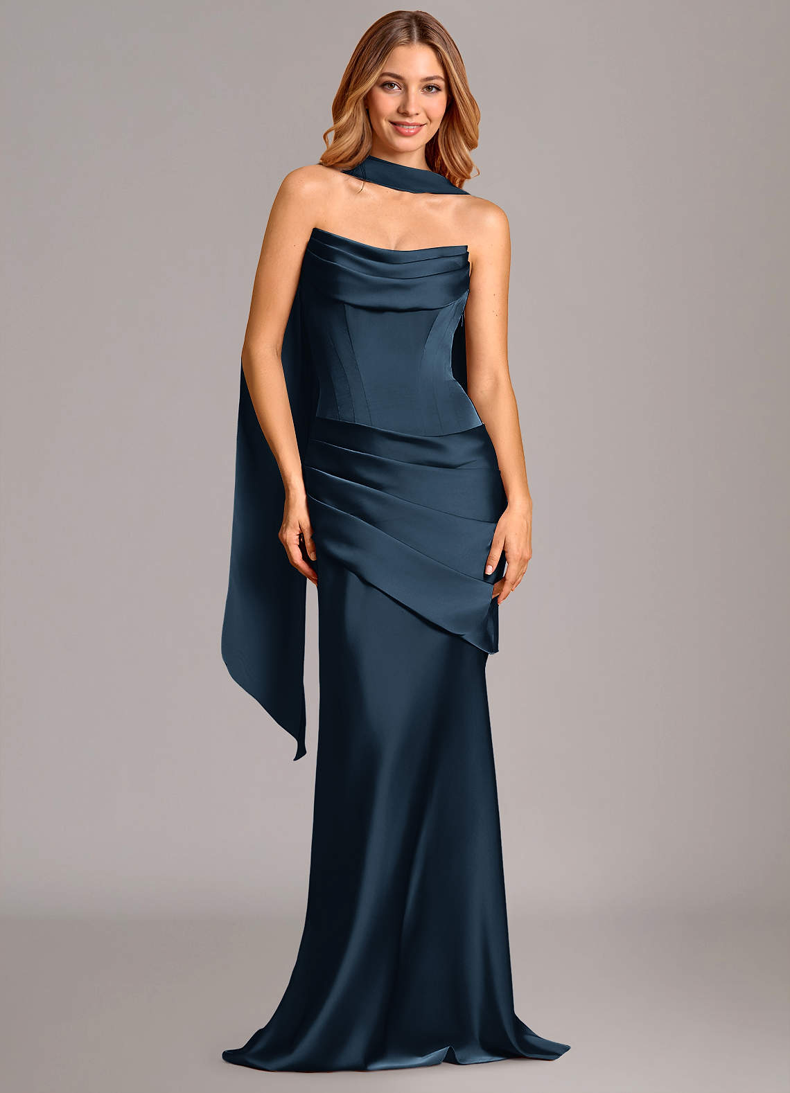 Pelagia Mermaid Cowl-Neck Stretch Satin Bridesmaid Dress in Dark Navy