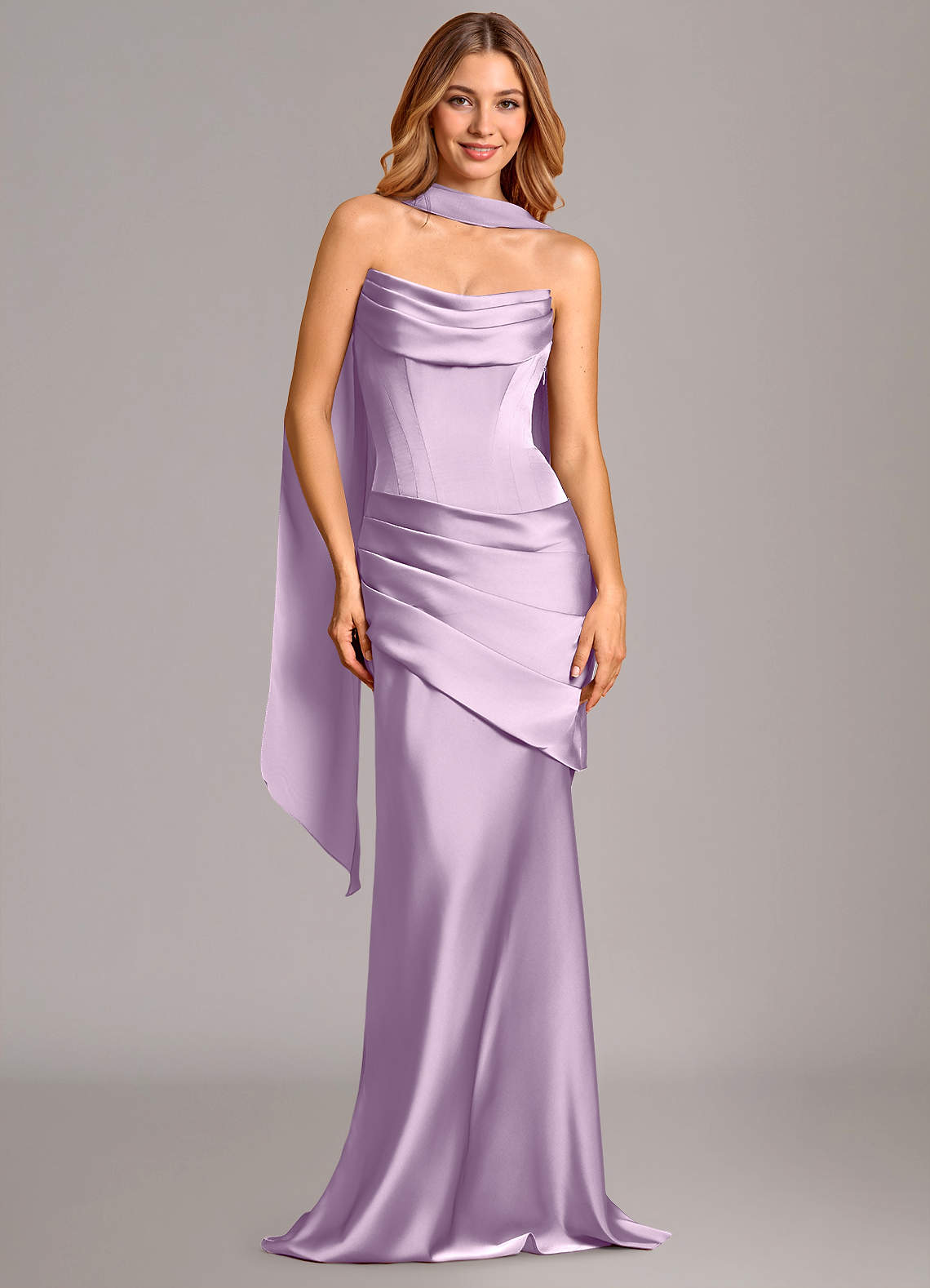 Pelagia Mermaid Cowl-Neck Stretch Satin Bridesmaid Dress in Frosted Lilac