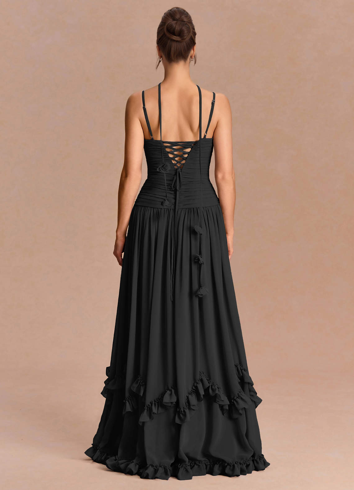 Eulalie A-Line Floral-Appliqué Chiffon Evening Dress in black