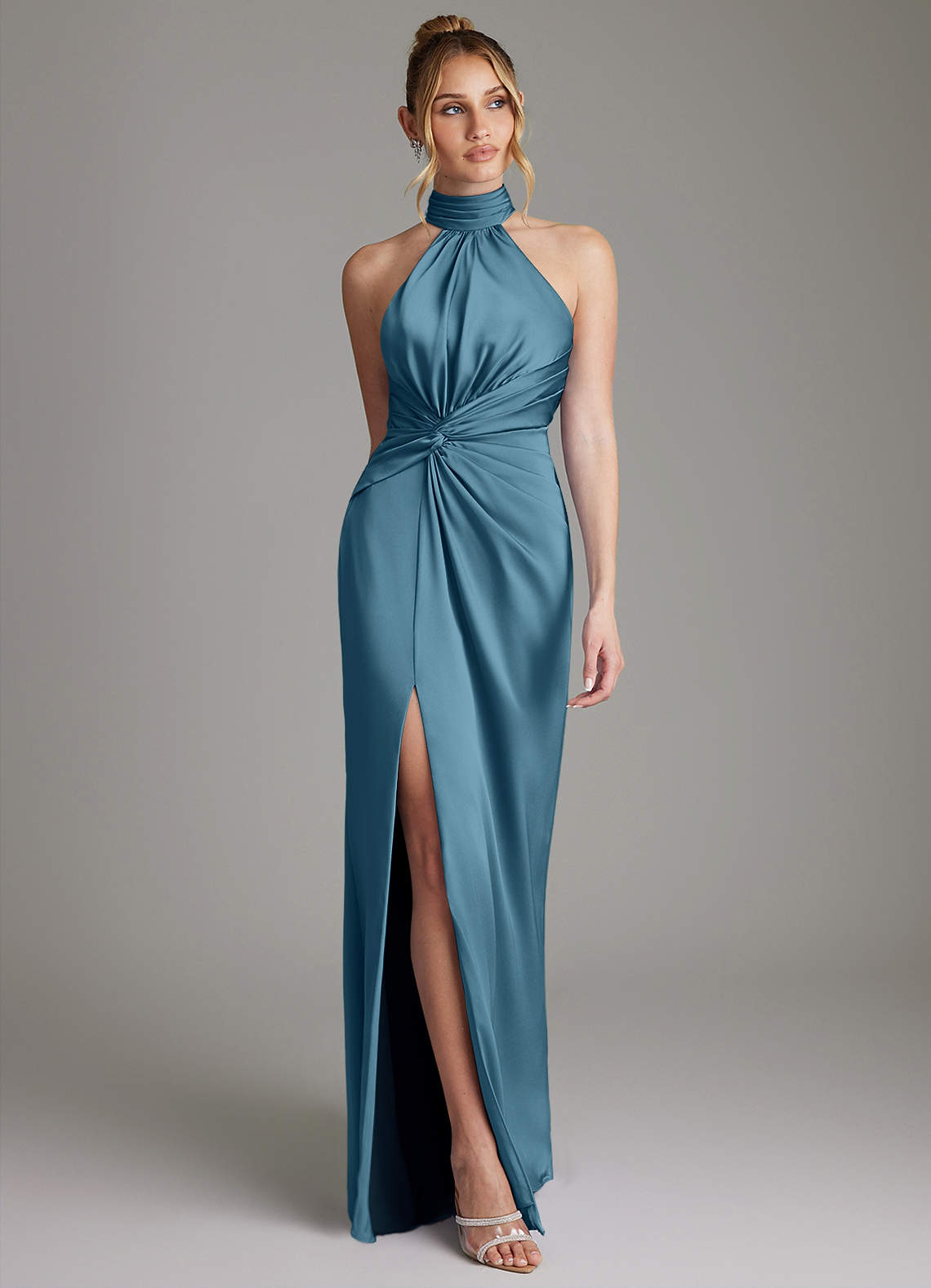 Gracelynn Sheath Halter Stretch Satin Bridesmaid Dress in Bermuda
