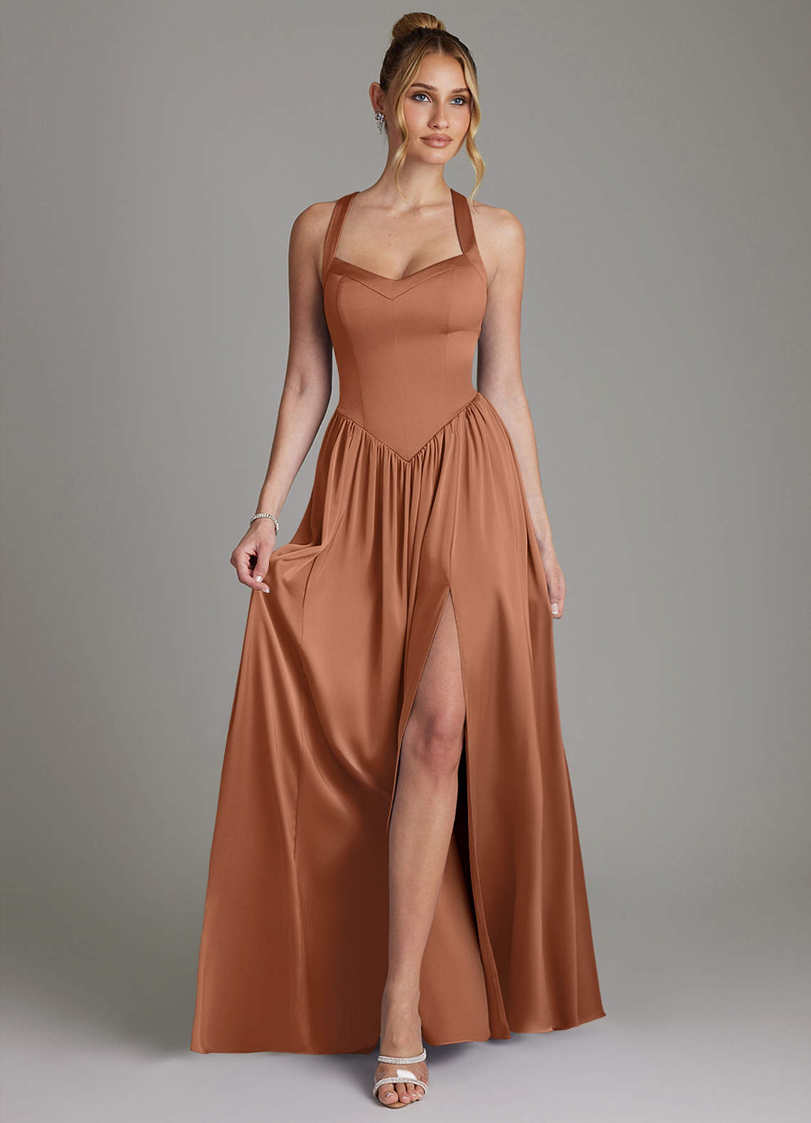 Francis A-Line V-Neck Stretch Satin Bridesmaid Dress in Bronzer