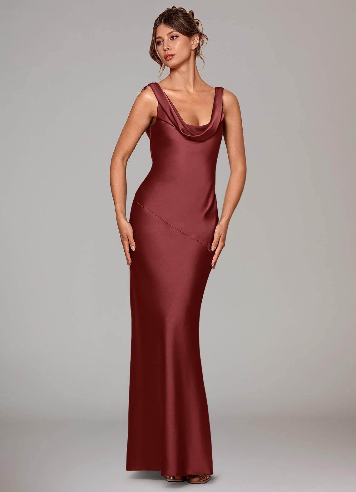 Rylina Mermaid Cowl-Neck Stretch Satin Bridesmaid Dress in Terracotta