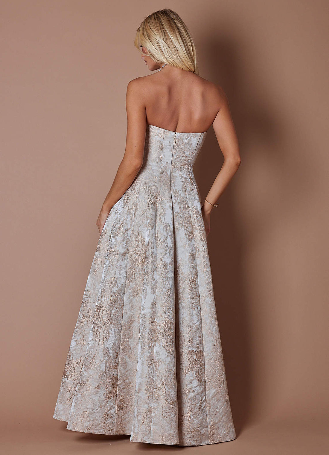Lory A-Line Strapless Brocade Evening Dress in Gold Taupe