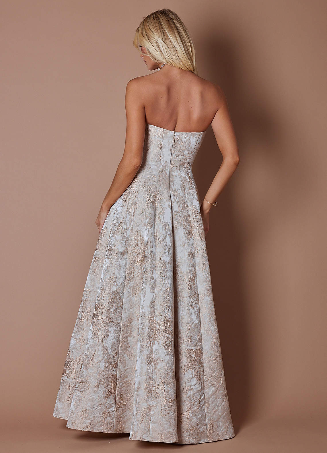 Lory A-Line Strapless Brocade Evening Dress in Gold Taupe