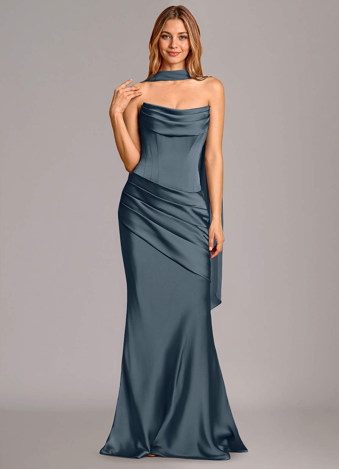 Pelagia Mermaid Cowl-Neck Stretch Satin Bridesmaid Dress in Twilight