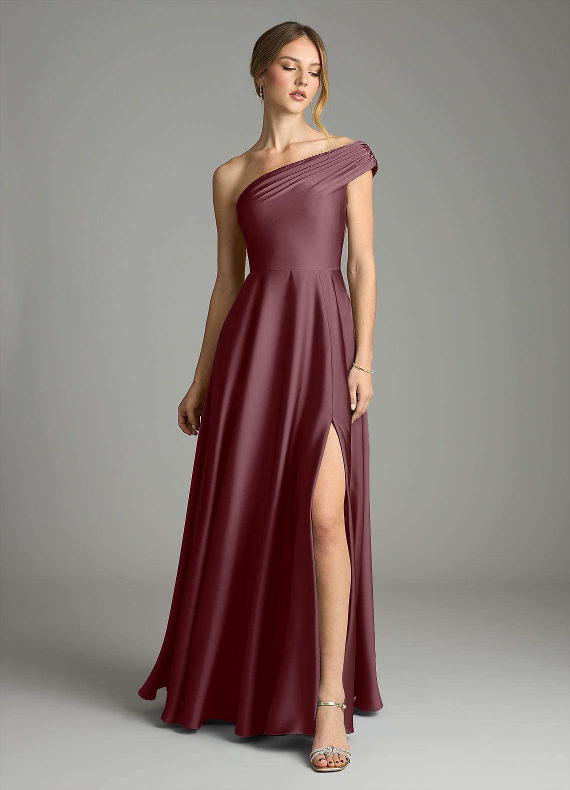 Melanie A-Line One-Shoulder Stretch Satin Bridesmaid Dress in Sangria