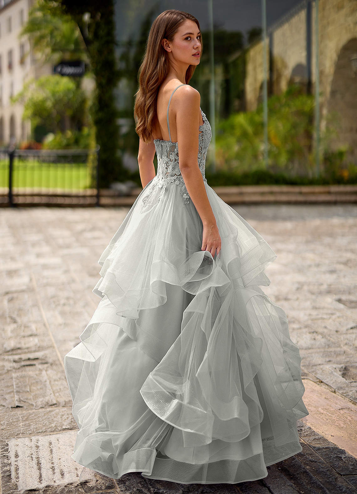 Spitze Ball Gown Sweetheart Lace Tulle Evening Dress in Silver