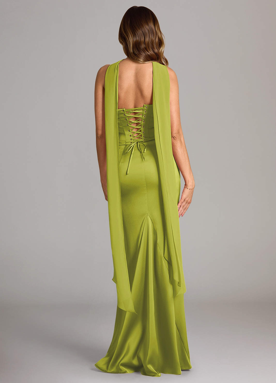 Sorrel Mermaid Cowl-Neck Stretch Satin and Chiffon Bridesmaid Dress in Lemongrass