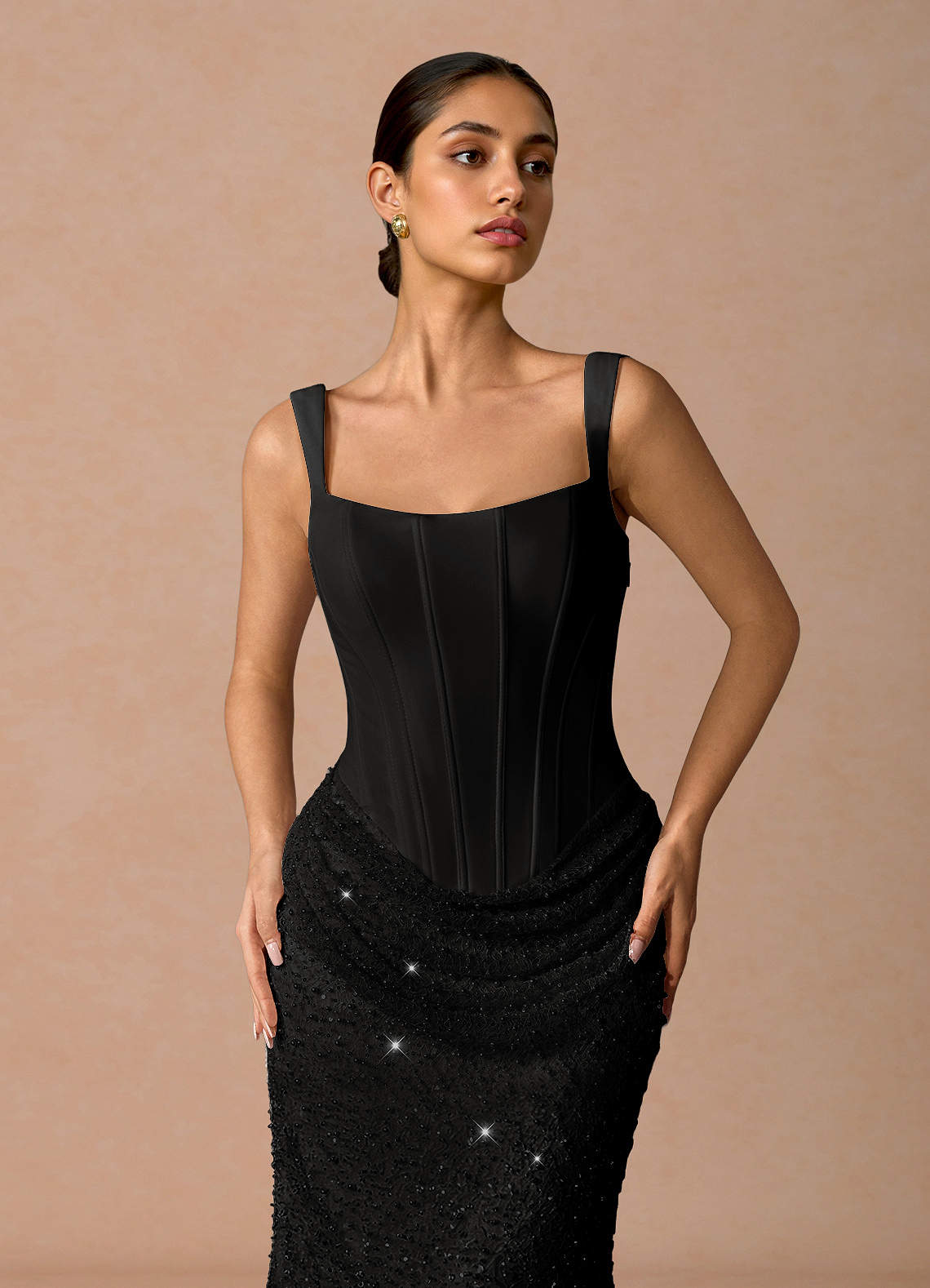 Niamh A-Line Square-Neck Chiffon Tulle Evening Dress in black