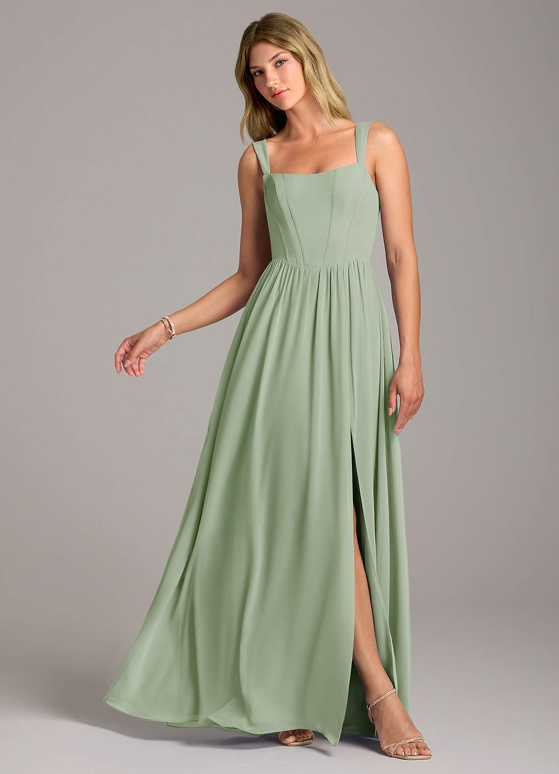 Rosaline A-Line Square-Neck Chiffon Bridesmaid Dress in Dusty Sage