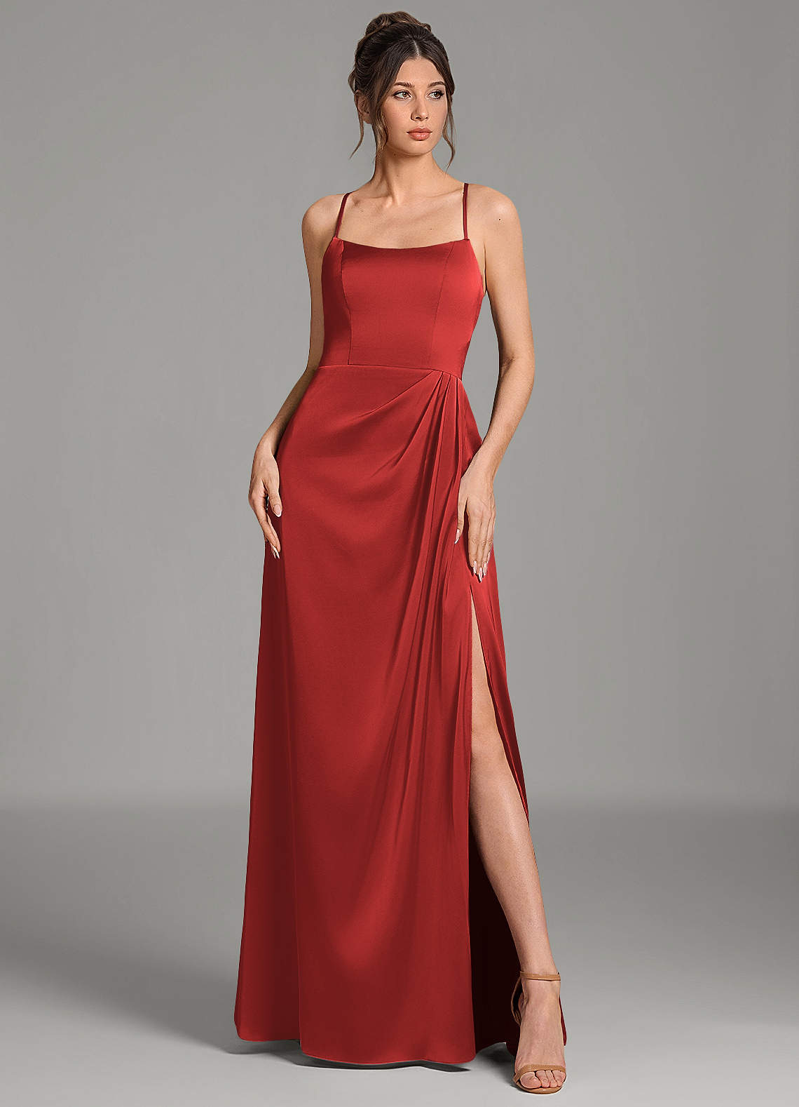 Frankie A-Line Scoop-Neck Stretch Satin Bridesmaid Dress in Pomegranate