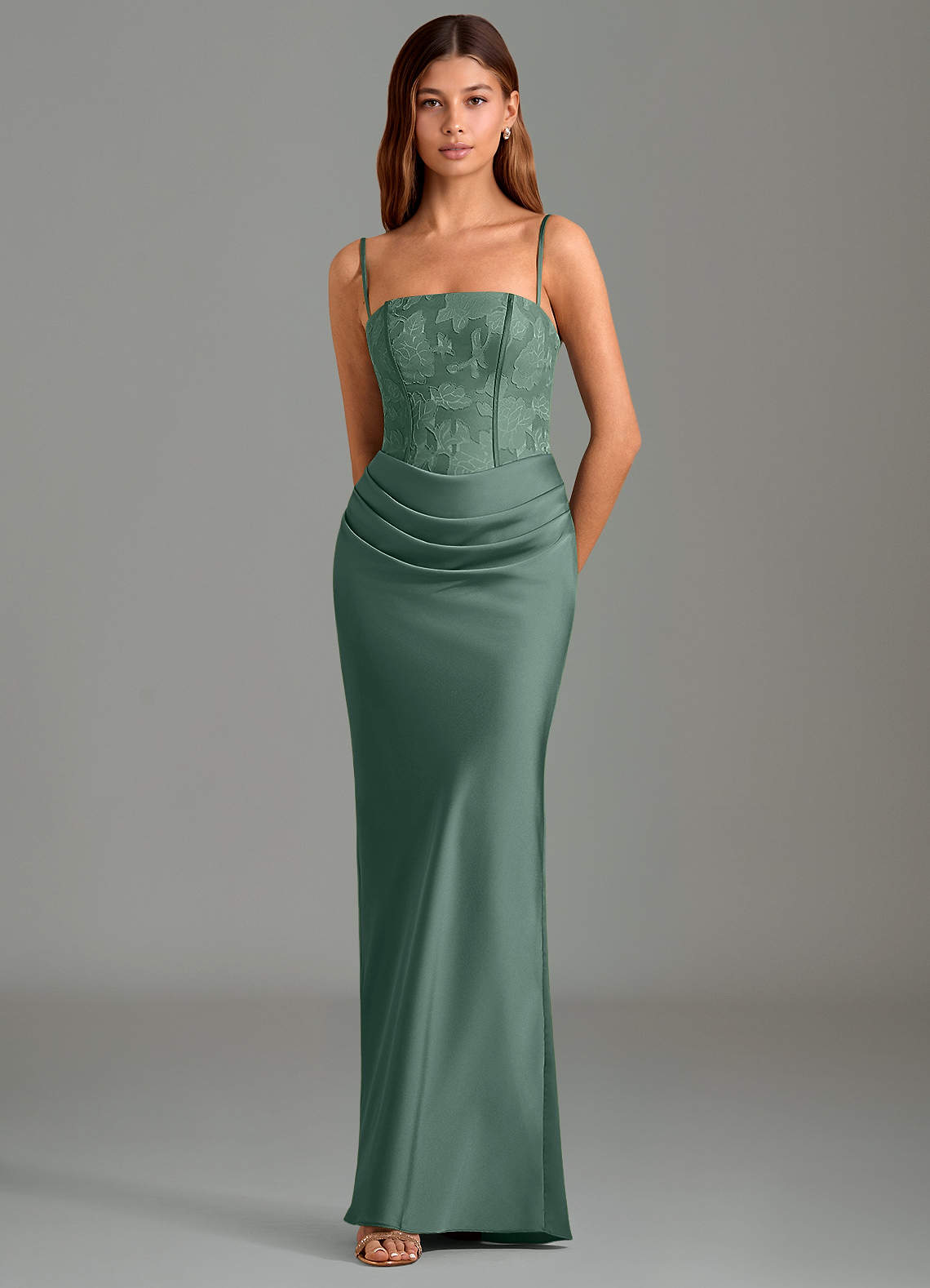 Emilia Mermaid Strapless Stretch Satin and Floral Burnout Bridesmaid Dress in Eucalyptus