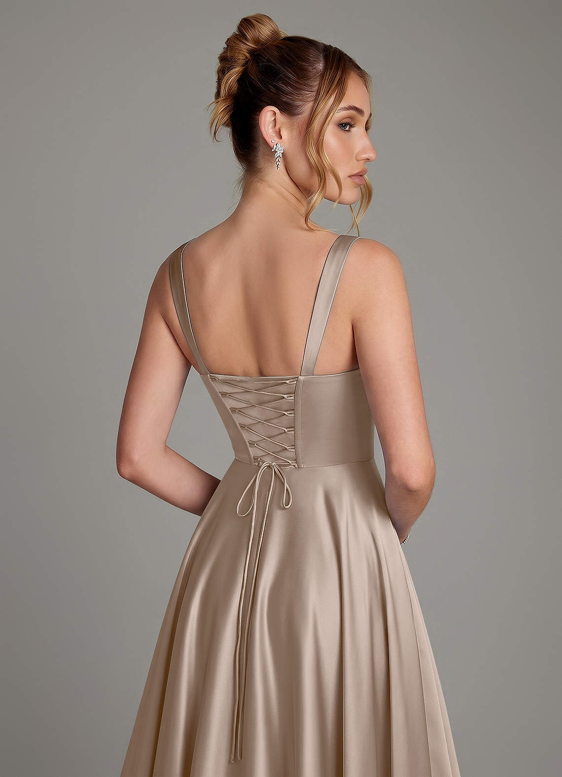 Azaria A-Line Square-Neck Stretch Satin Bridesmaid Dress in Taupe