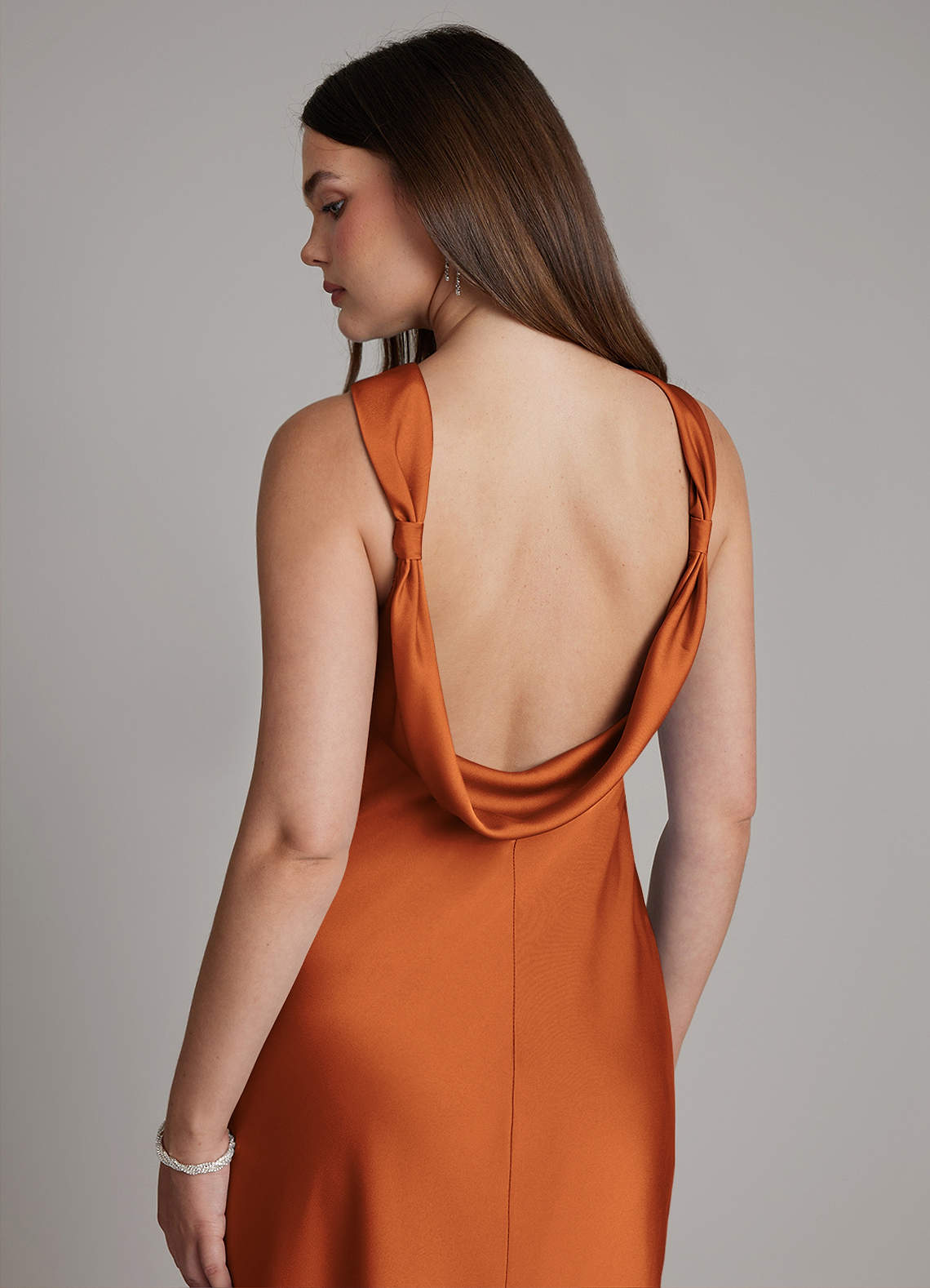 Dimitra Sheath Halter Stretch Satin Bridesmaid Dress in Cinnamon