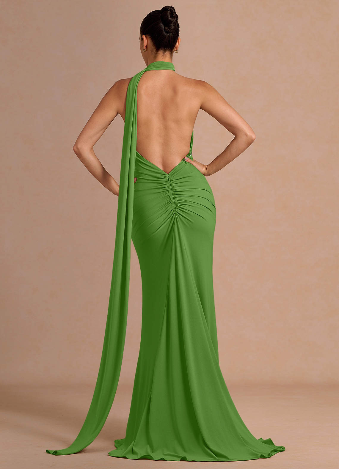 Miliani Sheath Neck-Tie Stretch Knit Evening Dress in Olive