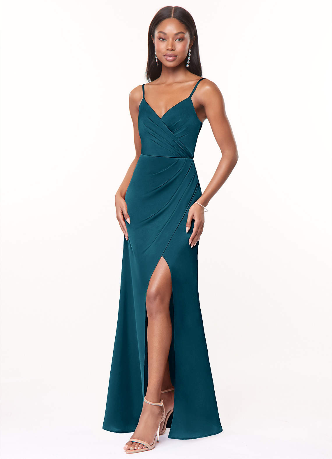 Maci A-Line V-Neck Stretch Satin Bridesmaid Dress in Ink Blue