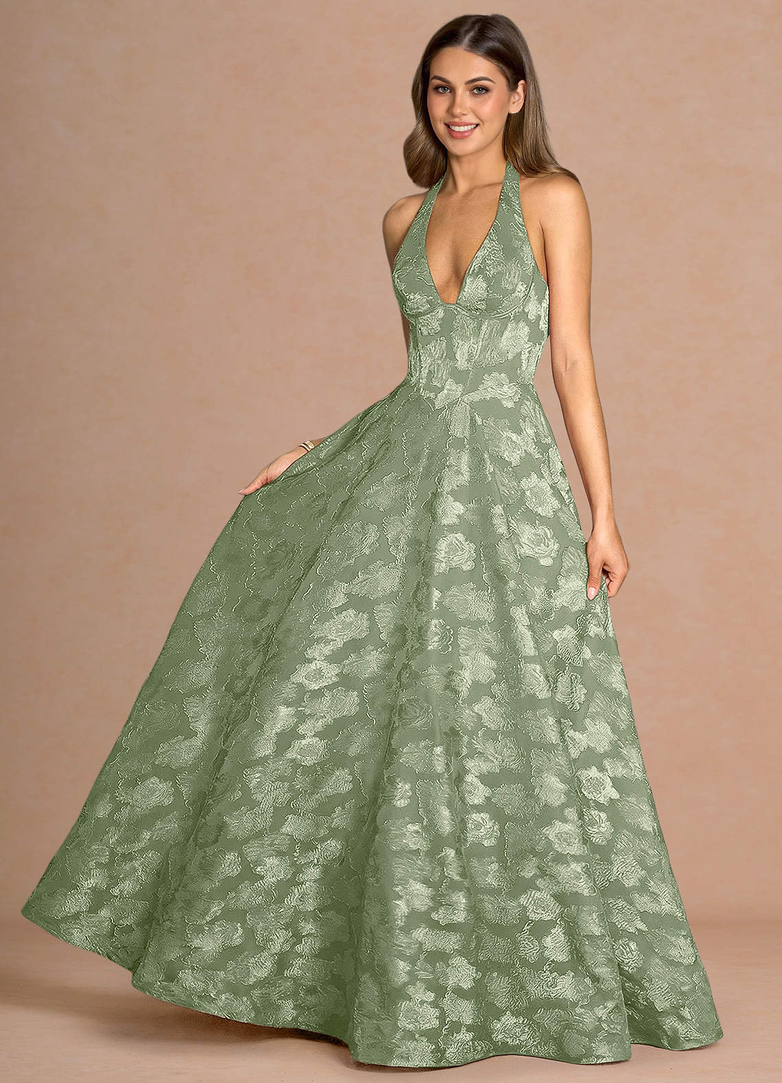Isabeau A-Line V-Neck Fil Coupé Evening Dress in Light Green