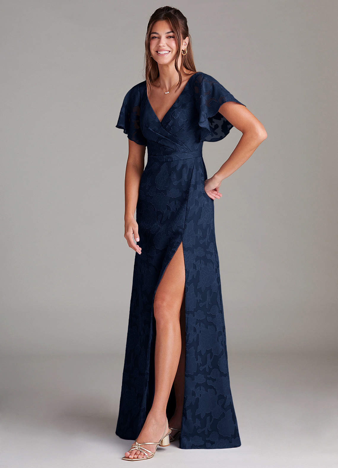 Ambrosia A-Line V-Neck Floral Burnout Bridesmaid Dress in Dark Navy