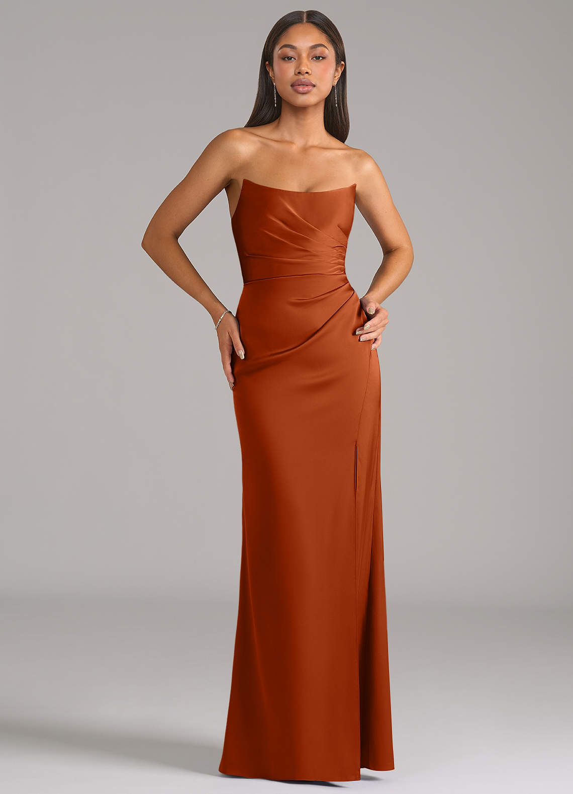Marla Sheath Strapless Stretch Satin Bridesmaid Dress in Burnt Orange