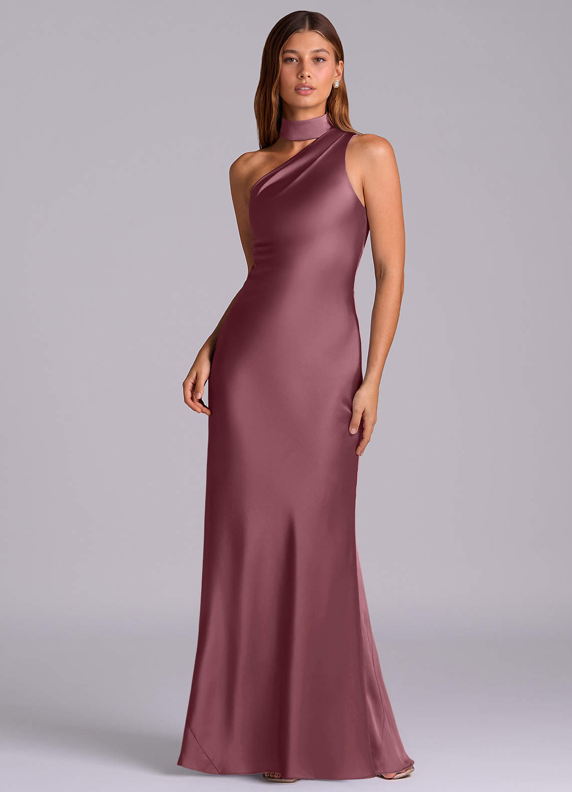 Seona Mermaid One-Shoulder Stretch Satin and Tulle Bridesmaid Dress in Desert Rose