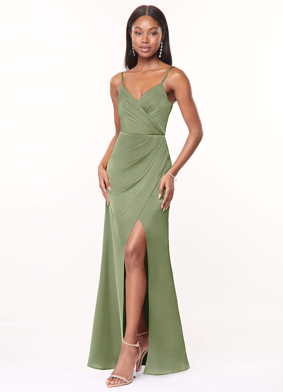 Maci A-Line V-Neck Stretch Satin Bridesmaid Dress in Pistachio