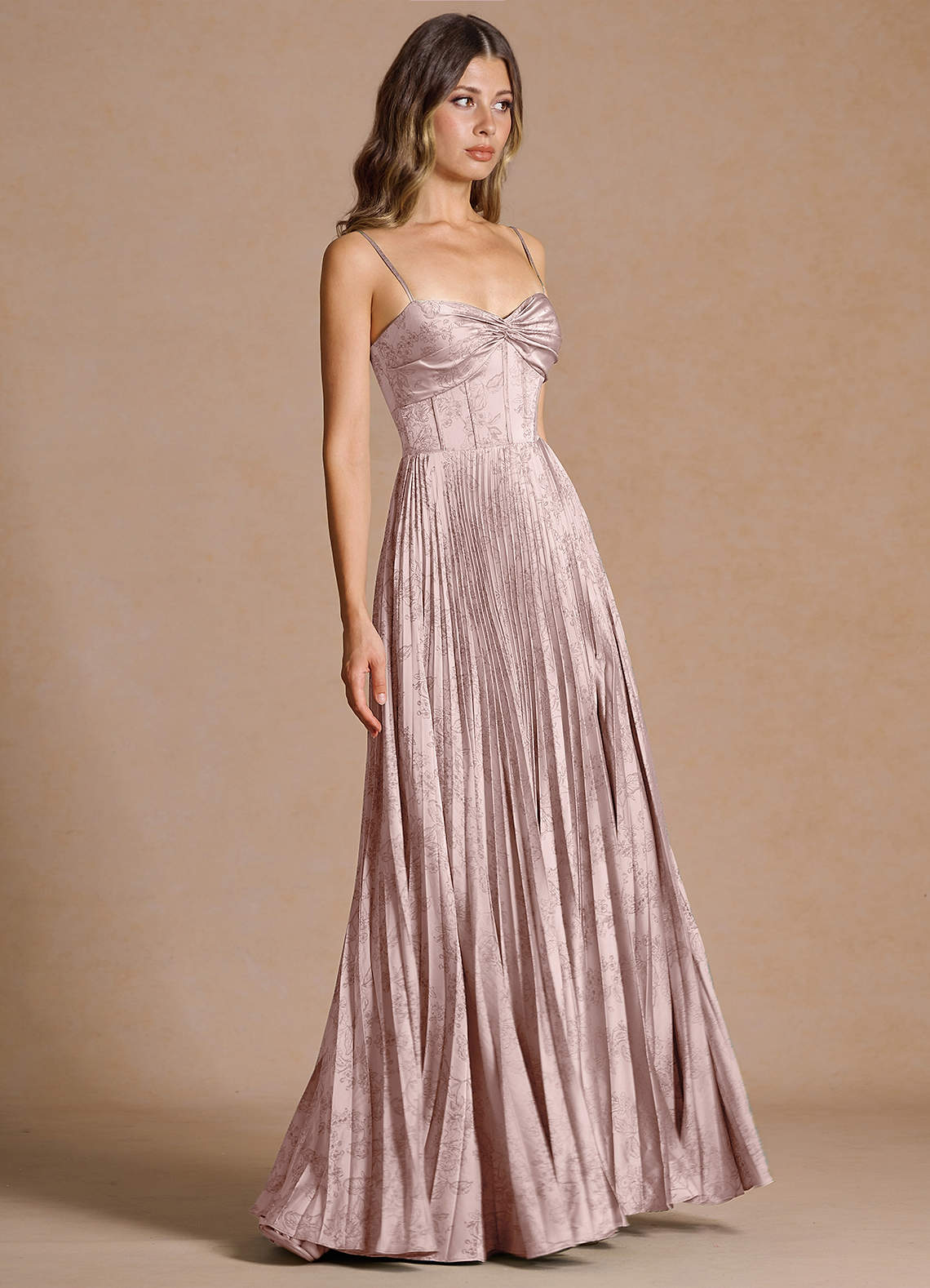 Vesper Pleated Knot-Neck Jacquard Wedding Guest Dress in Pink
