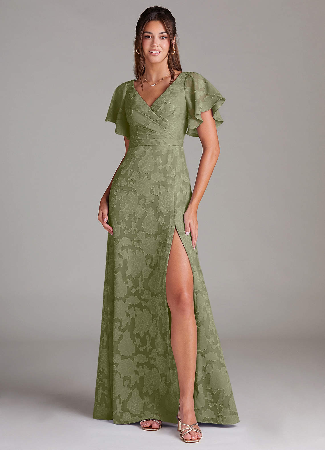Ambrosia A-Line V-Neck Floral Burnout Bridesmaid Dress in Pistachio
