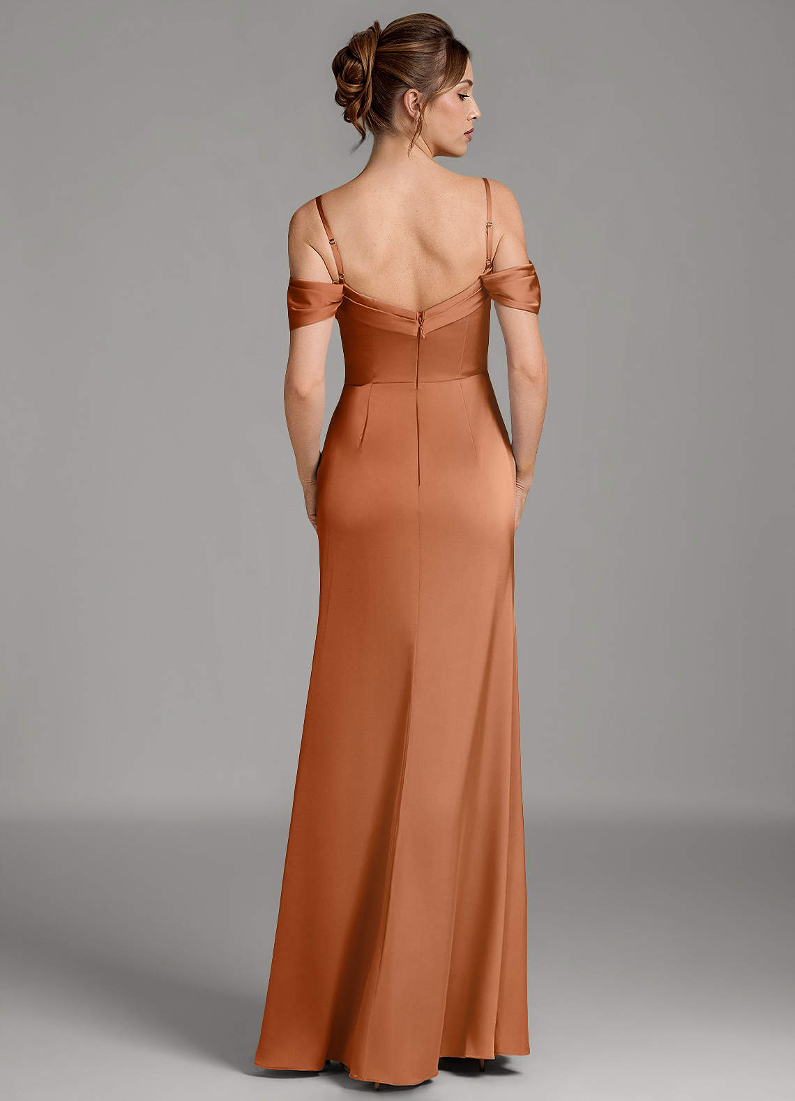 Wyatt Mermaid Off-the-Shoulder Stretch Satin Bridesmaid Dress in Copper