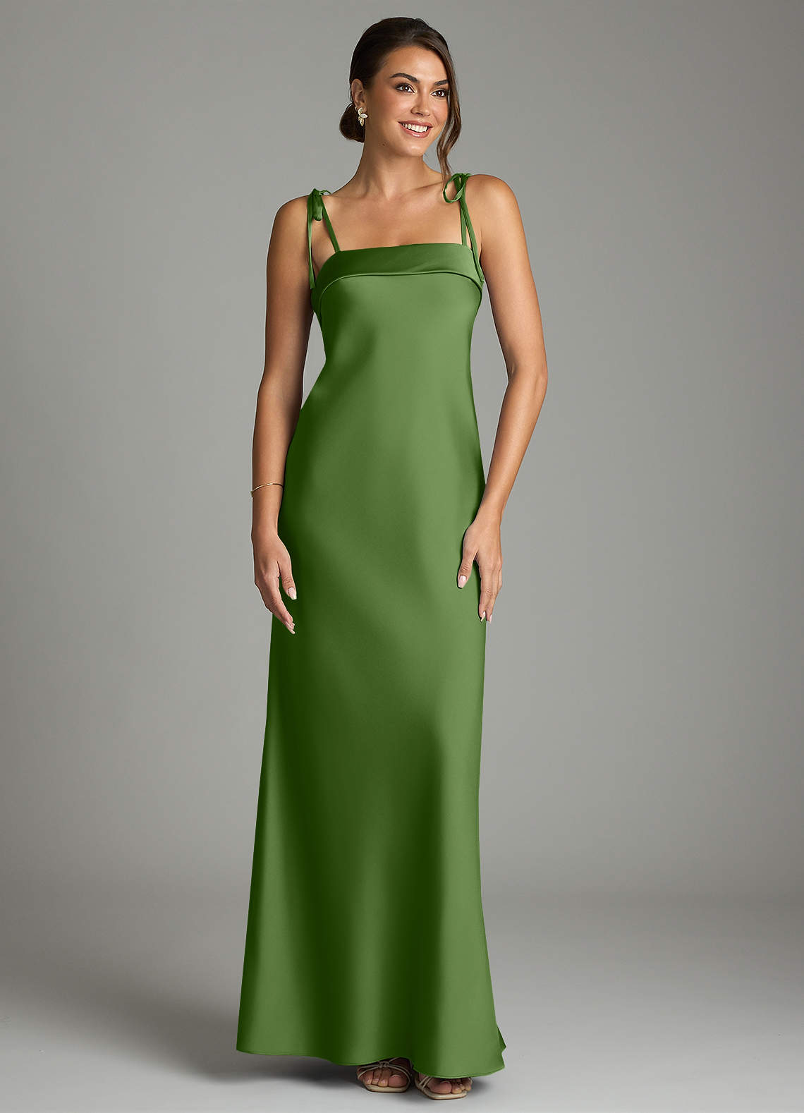 Ellia Sheath Straight-Neck Stretch Satin Bridesmaid Dress in Basil