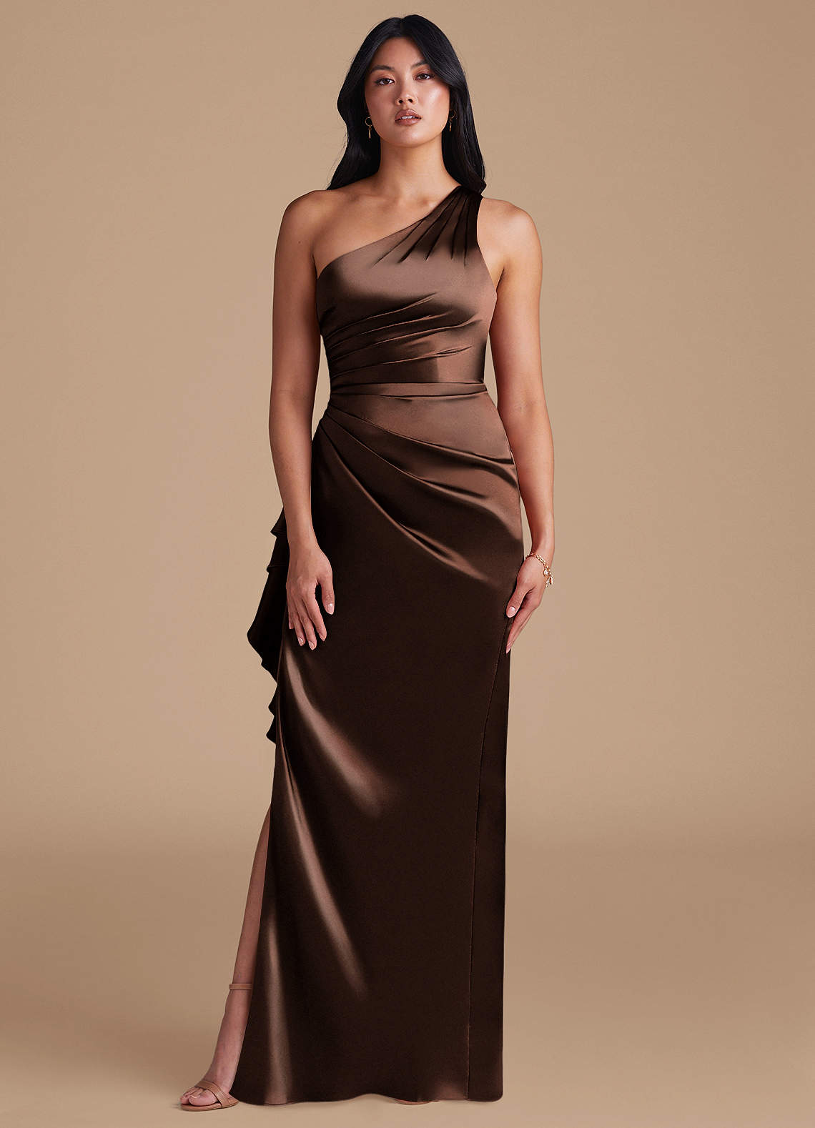 Latrice Sheath One-Shoulder Metallic Satin Bridesmaid Dress in Ganache