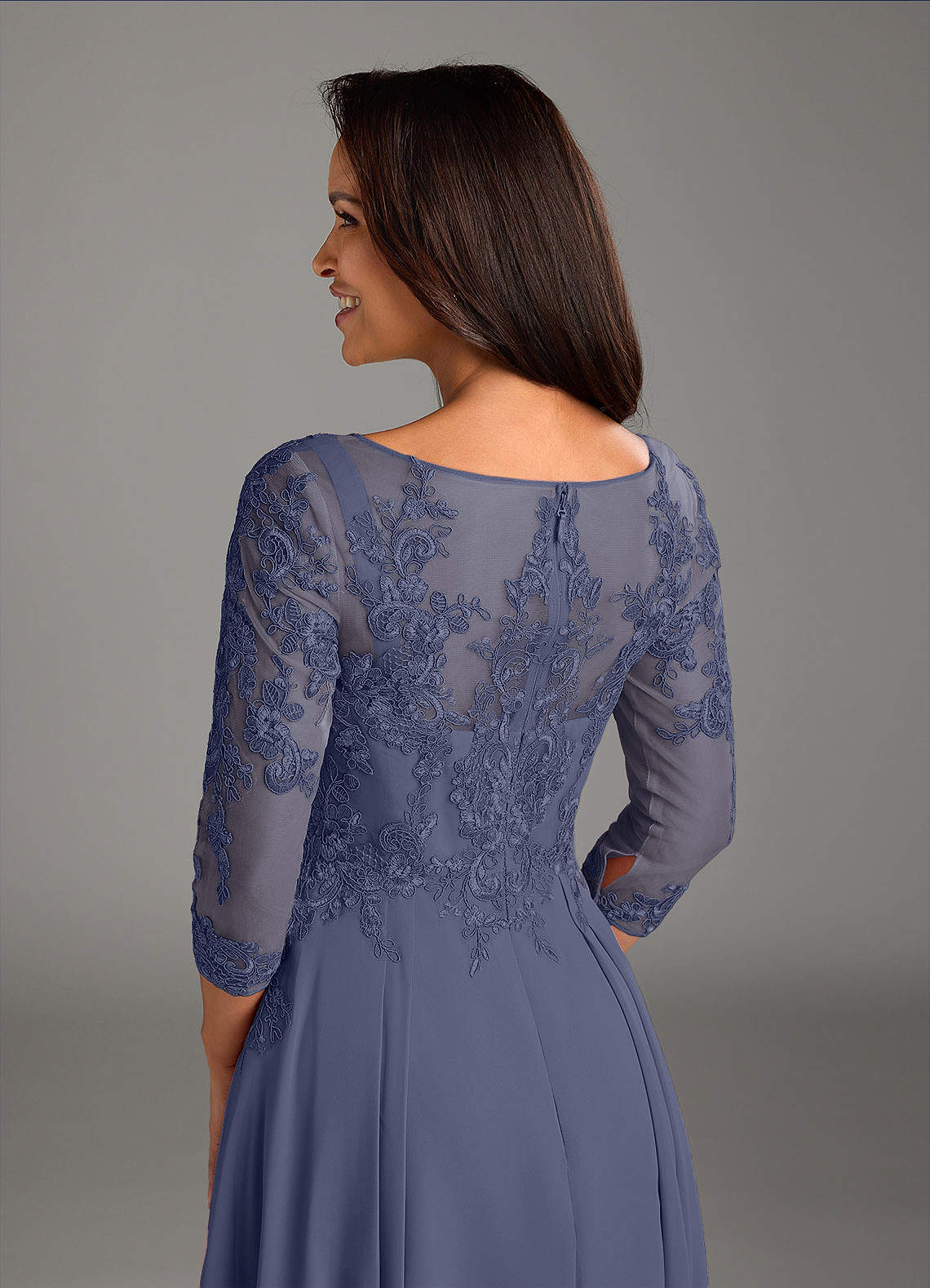 Marge A-Line Scoop-Neck Chiffon and Lace Mother of the Bride Dress in Stormy