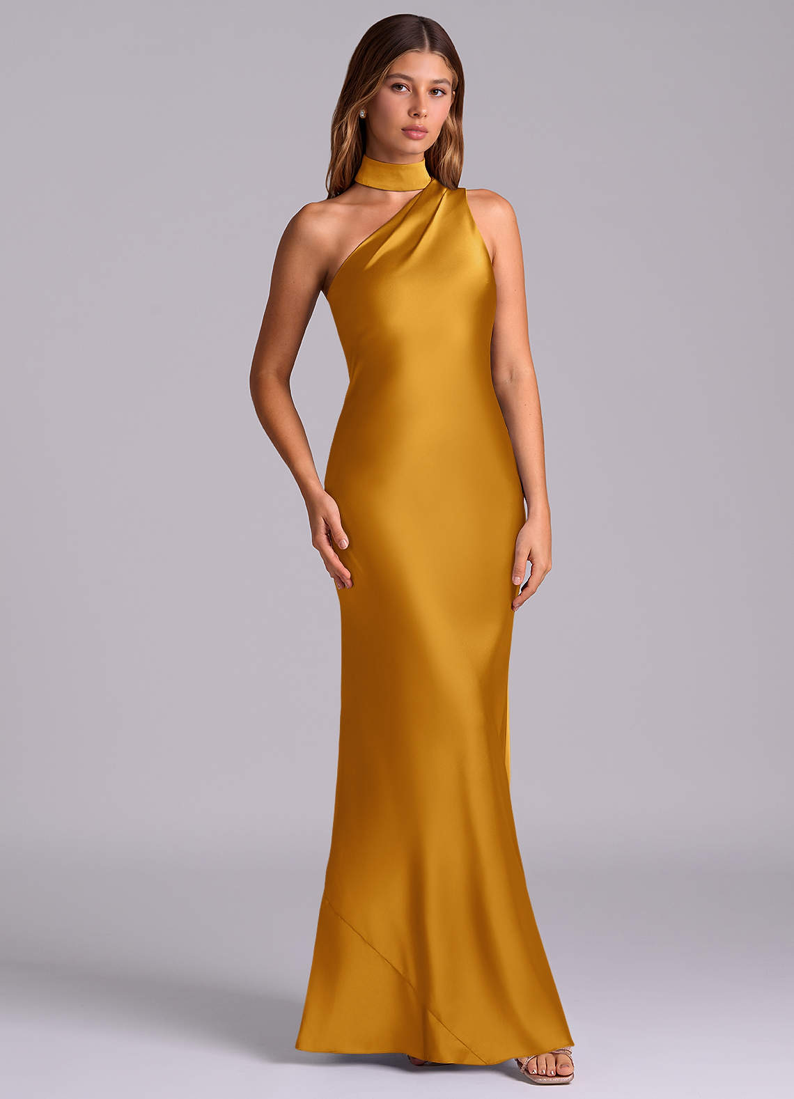 Seona Mermaid One-Shoulder Stretch Satin and Tulle Bridesmaid Dress in butterscotch