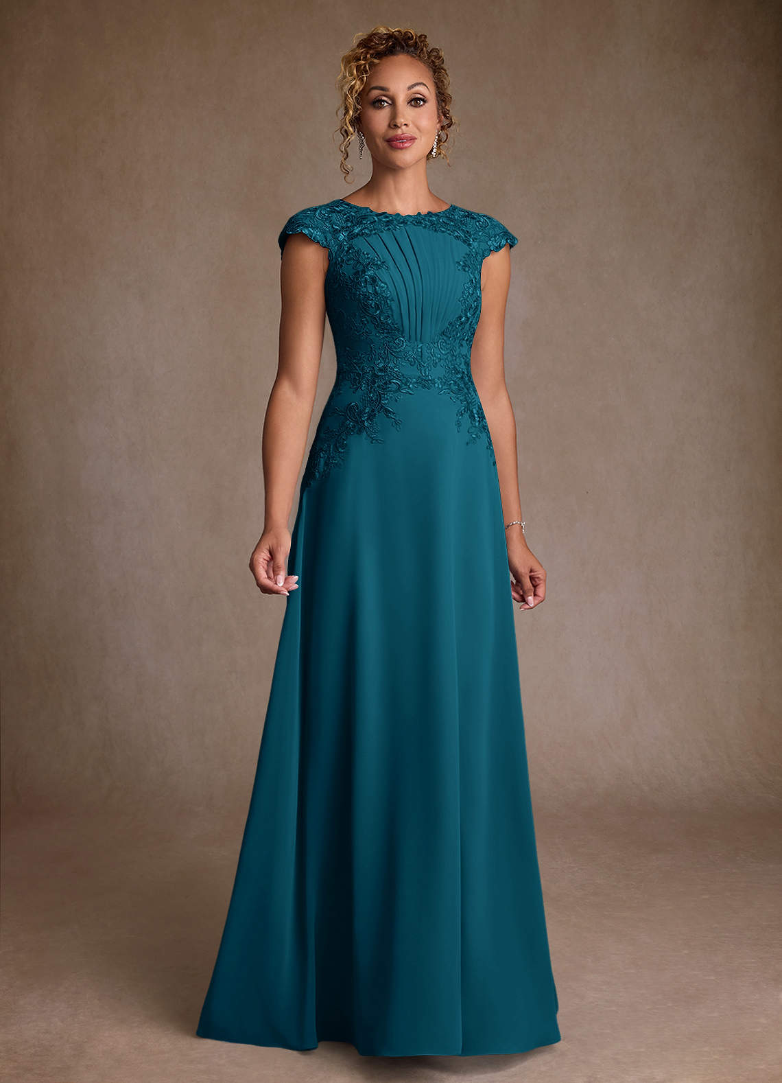 Christi A-Line Scoop-Neck Chiffon and Lace Mother of the Bride Dress in Ink Blue