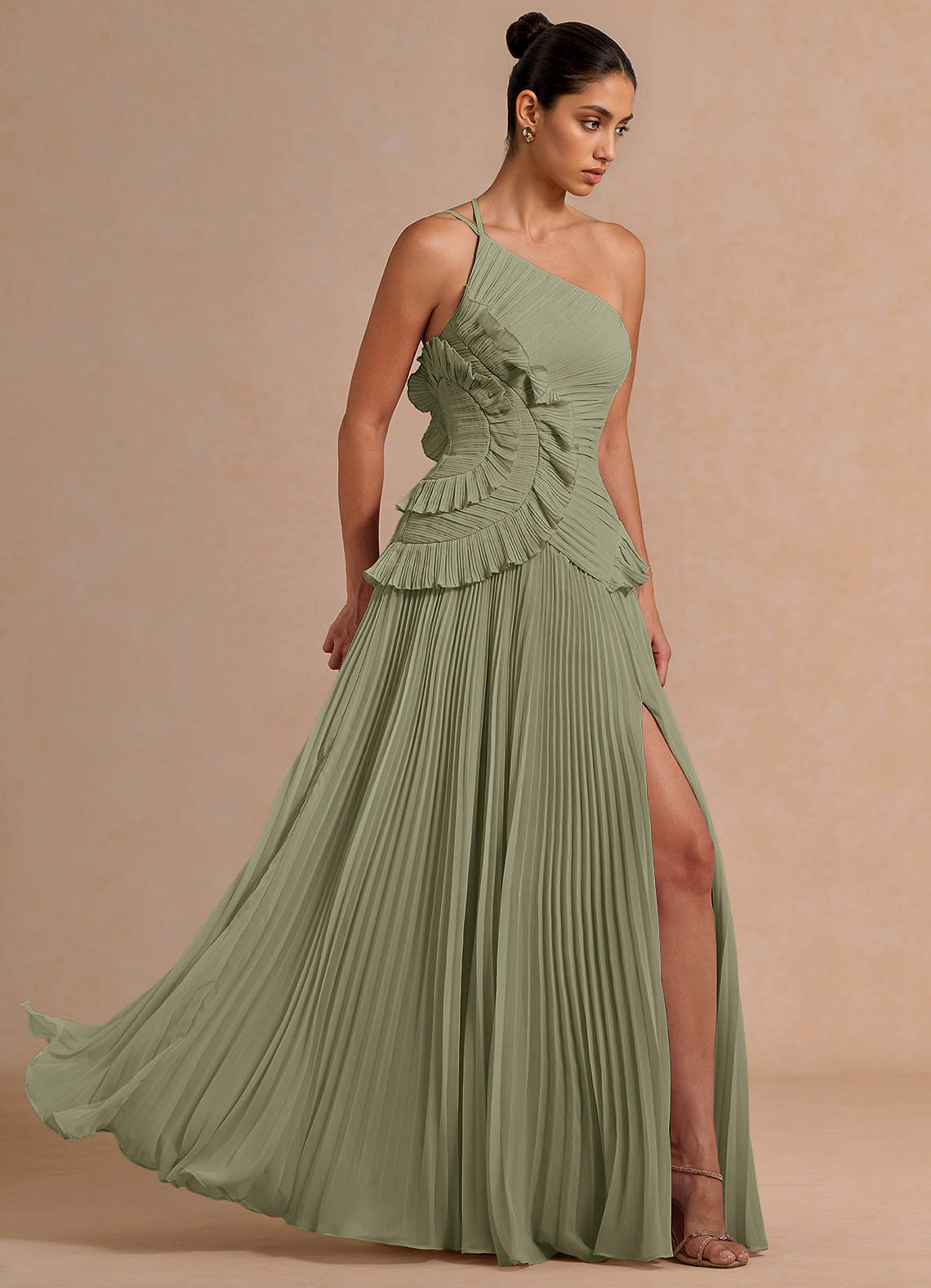Melody A-Line One-Shoulder Chiffon Evening Dress in Pistachio
