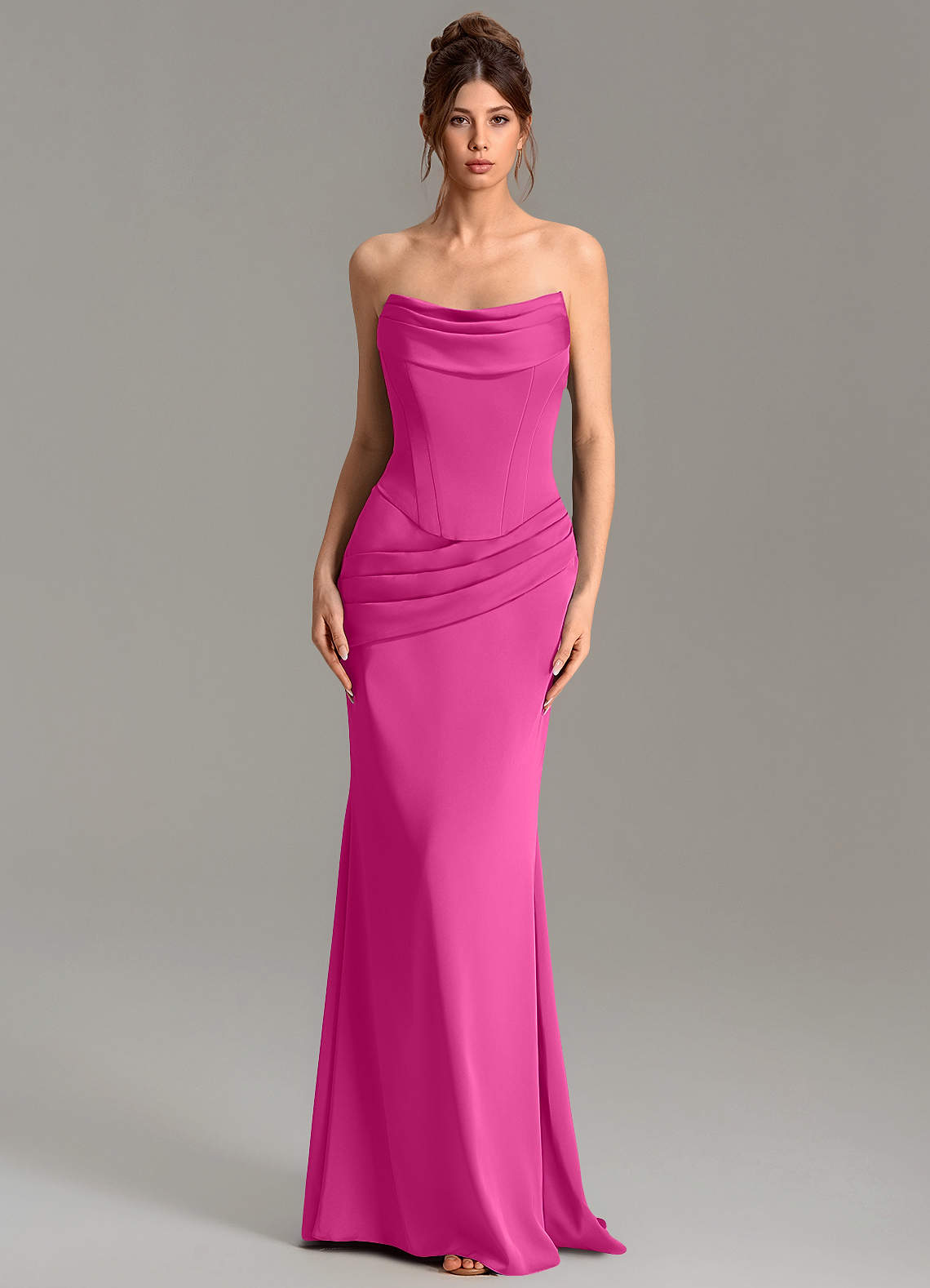 Adrienne Mermaid Cowl-Neck Stretch Satin Bridesmaid Dress in Fuchsia
