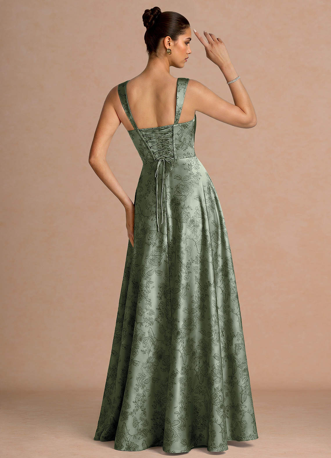 Azaria A-Line Square-Neck Jacquard Evening Dress in Sage Blue