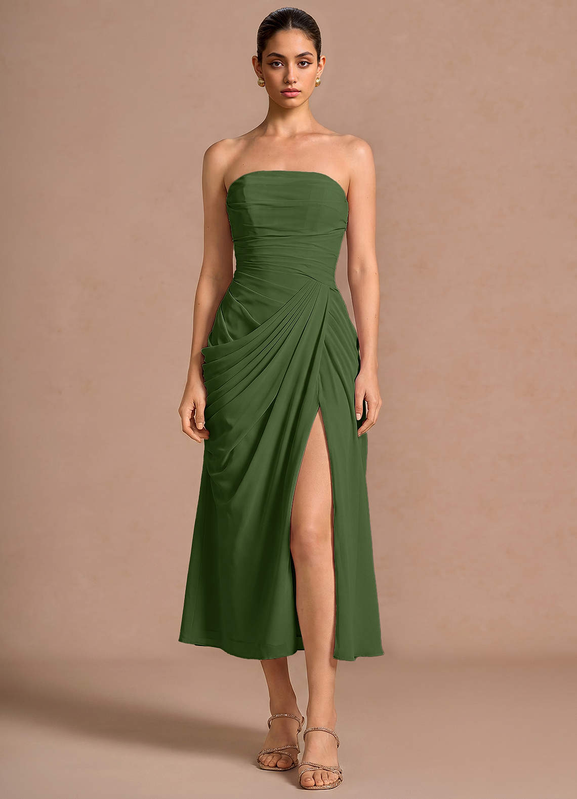 Kaavia Column Pleated Chiffon Midi Evening Dress in Olive