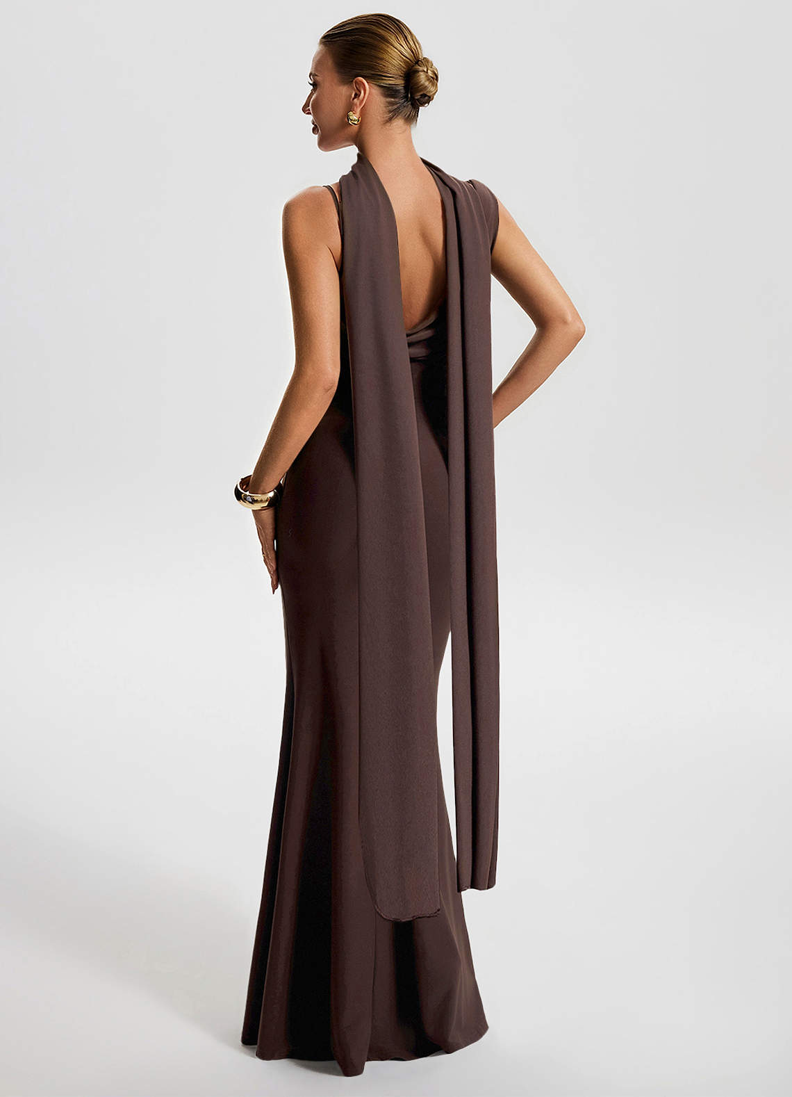 Freya Mermaid Cowl-Neck Stretch Jersey Evening Dress in Ganache