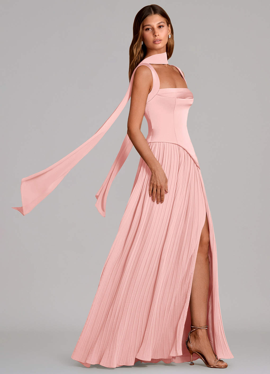 Stephanie A-Line Square-Neck Stretch Satin and Chiffon Bridesmaid Dress in Powder Pink