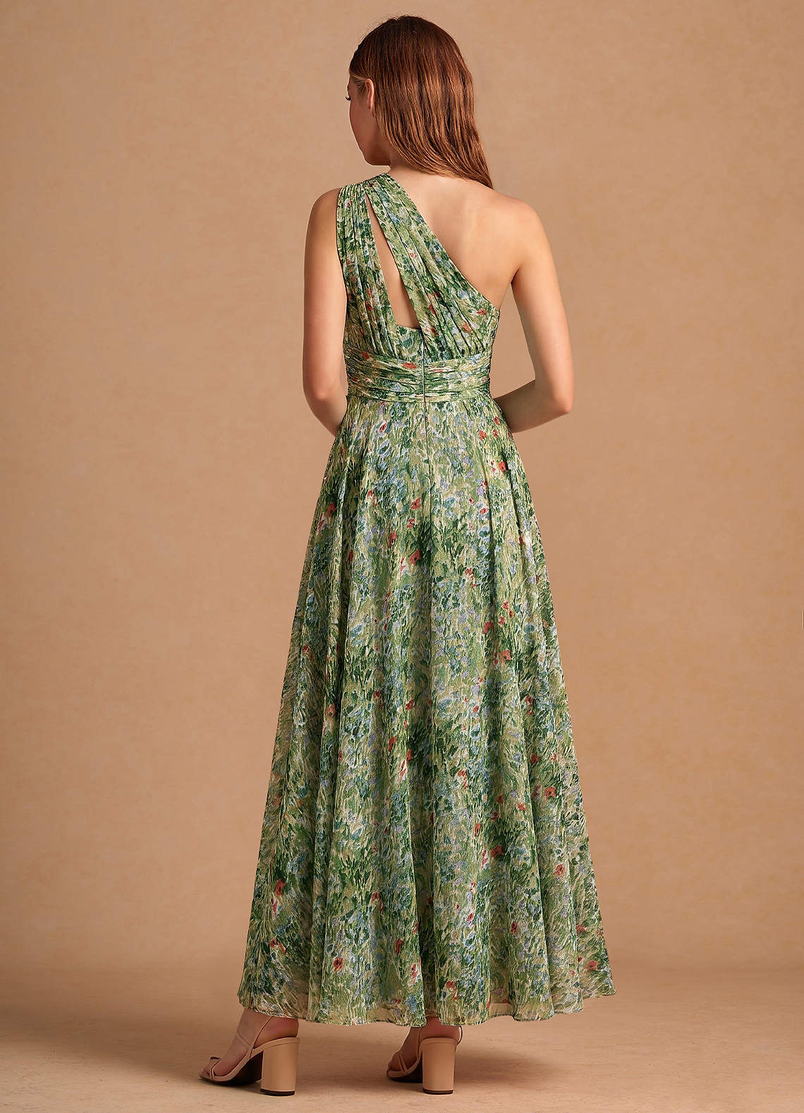 Noelle A-Line Twisted-Shoulder Chiffon Wedding Guest Dress in Green Floral