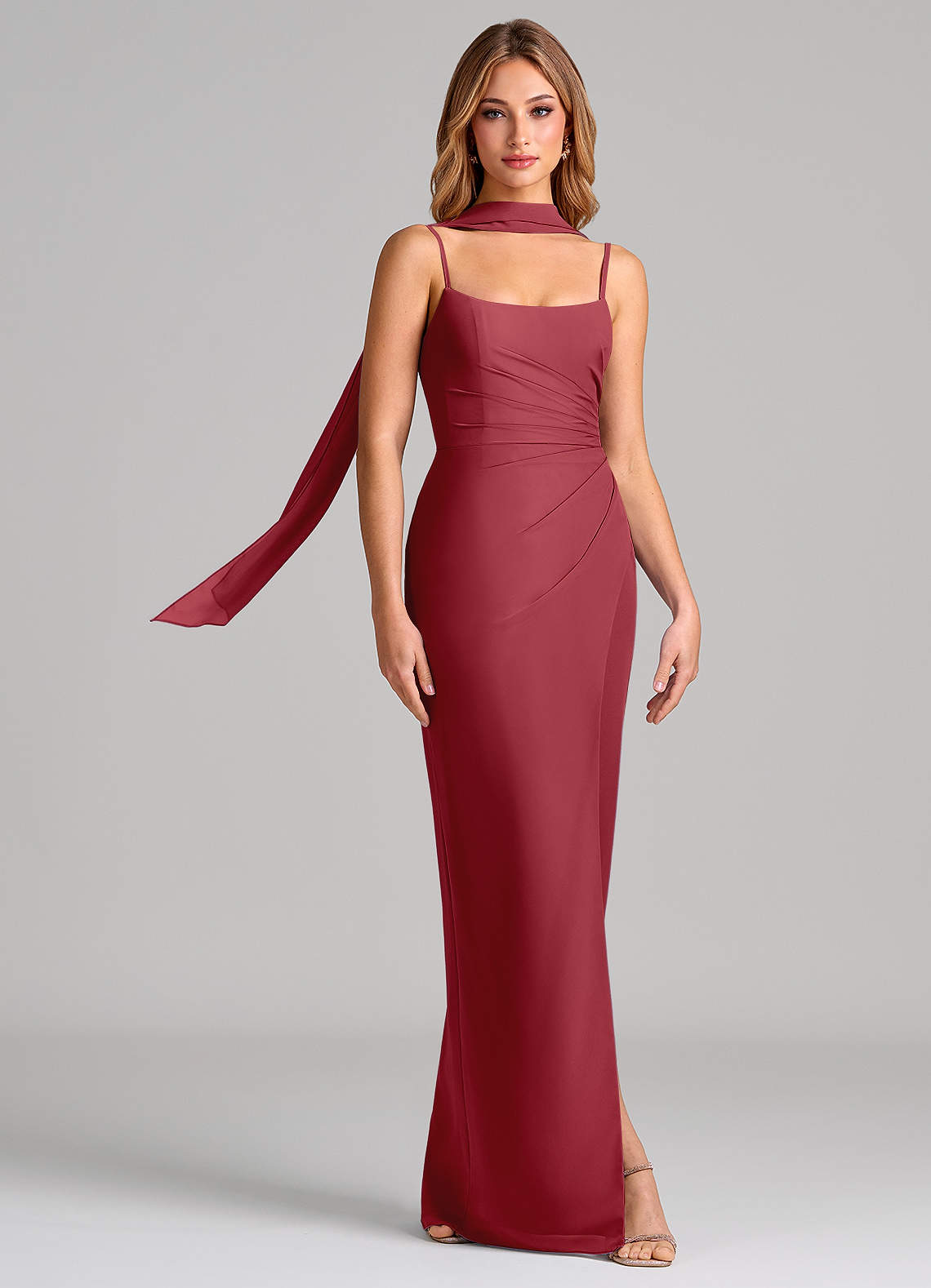 Calandra Sheath Scoop-Neck Chiffon Bridesmaid Dress in Pomegranate