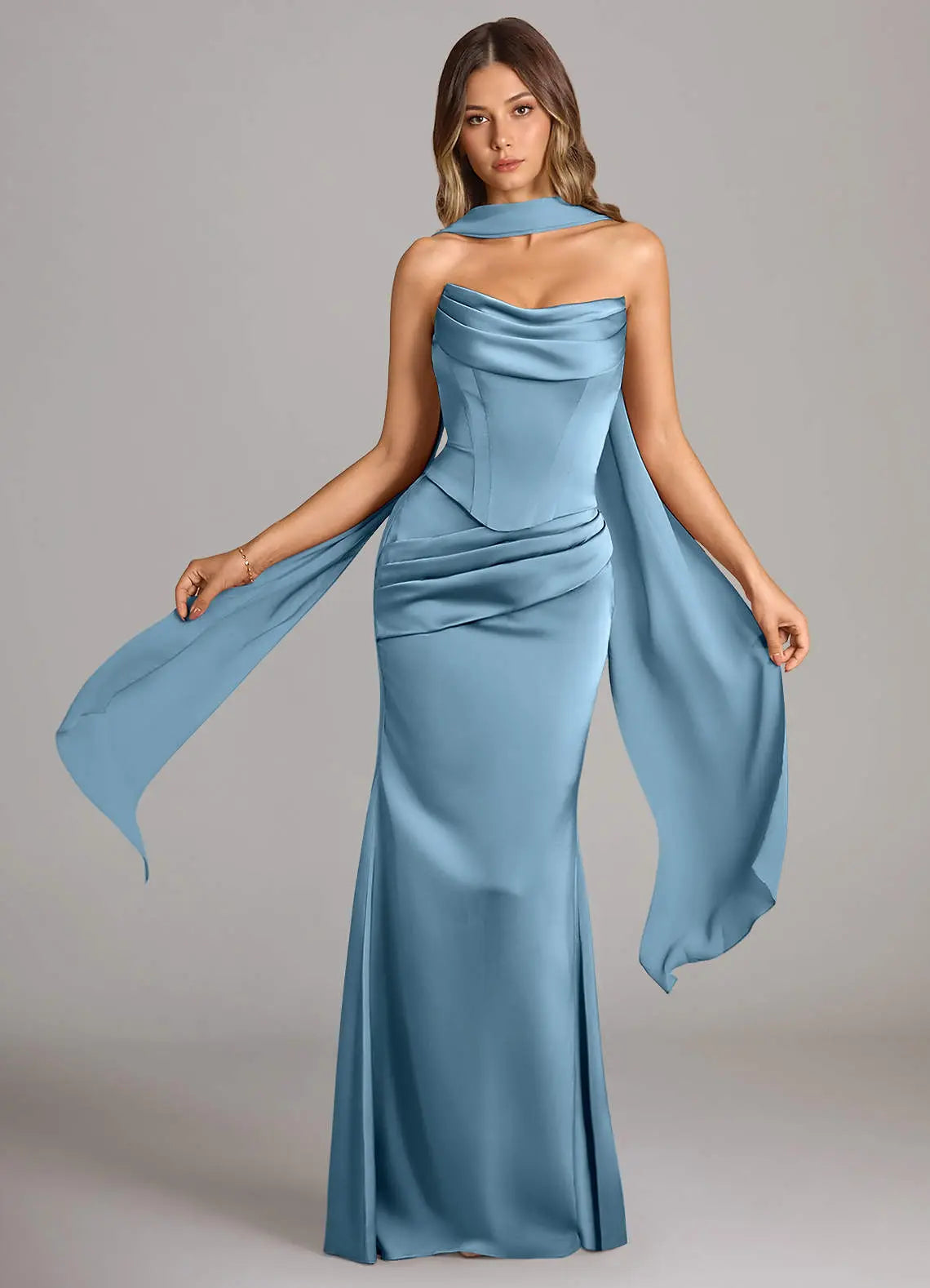 Sorrel Mermaid Cowl-Neck Stretch Satin and Chiffon Bridesmaid Dress in Steel Blue