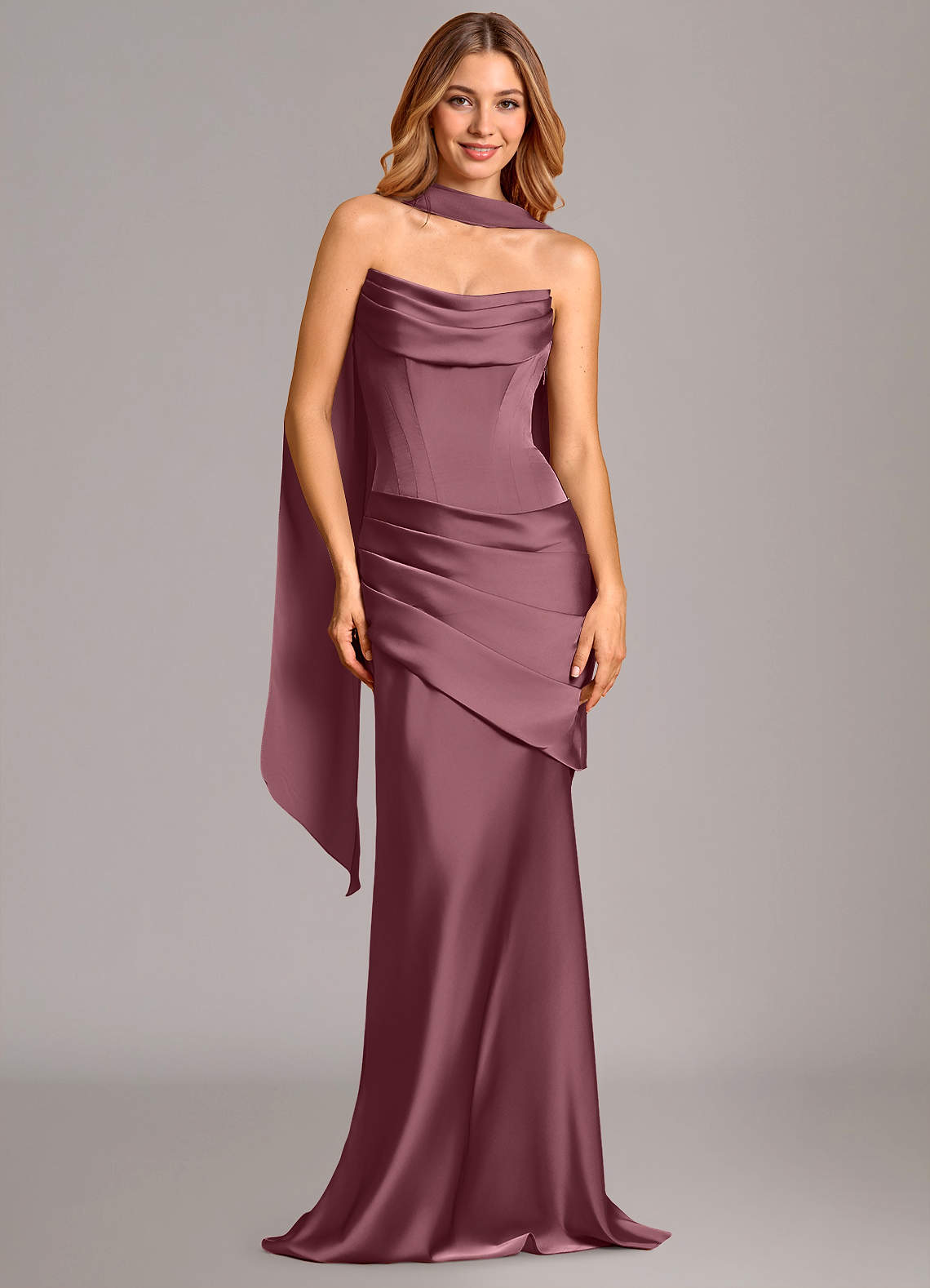 Pelagia Mermaid Cowl-Neck Stretch Satin Bridesmaid Dress in Desert Rose