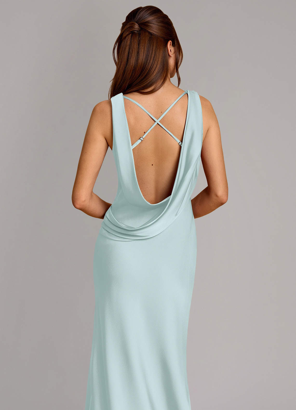 Cheryl Mermaid Cowl-Neck Stretch Satin Bridesmaid Dress in Sea Glass