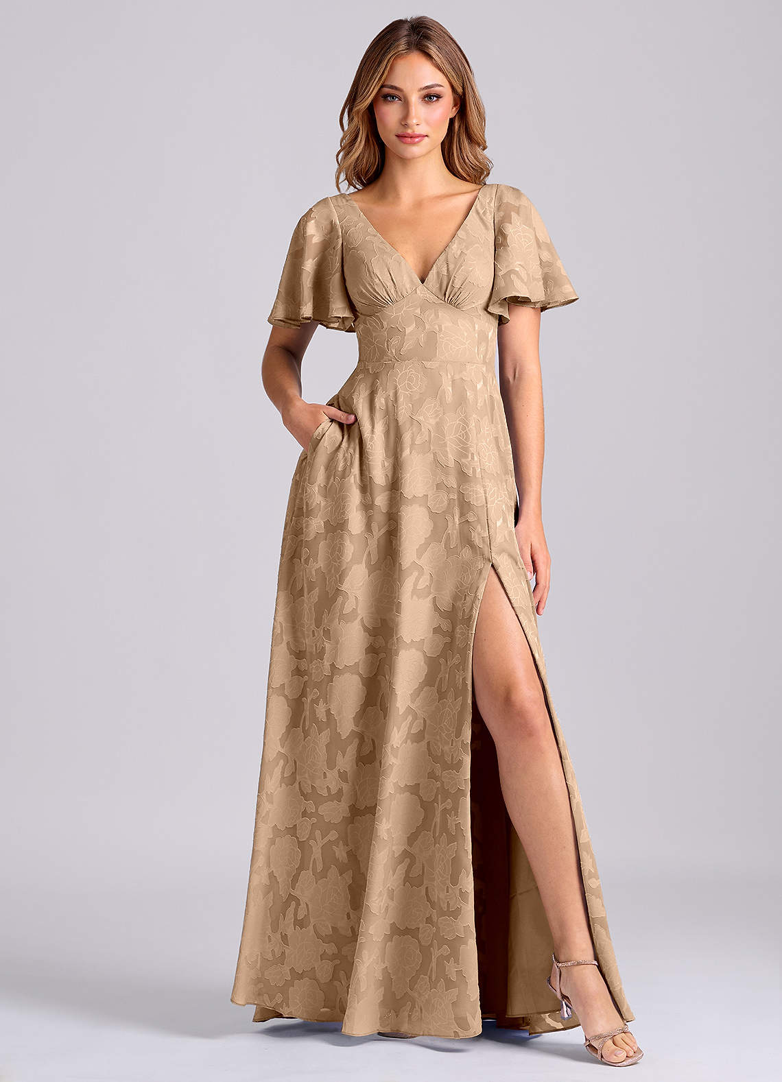 Kimber A-Line V-Neck Floral Burnout Bridesmaid Dress in Champagne