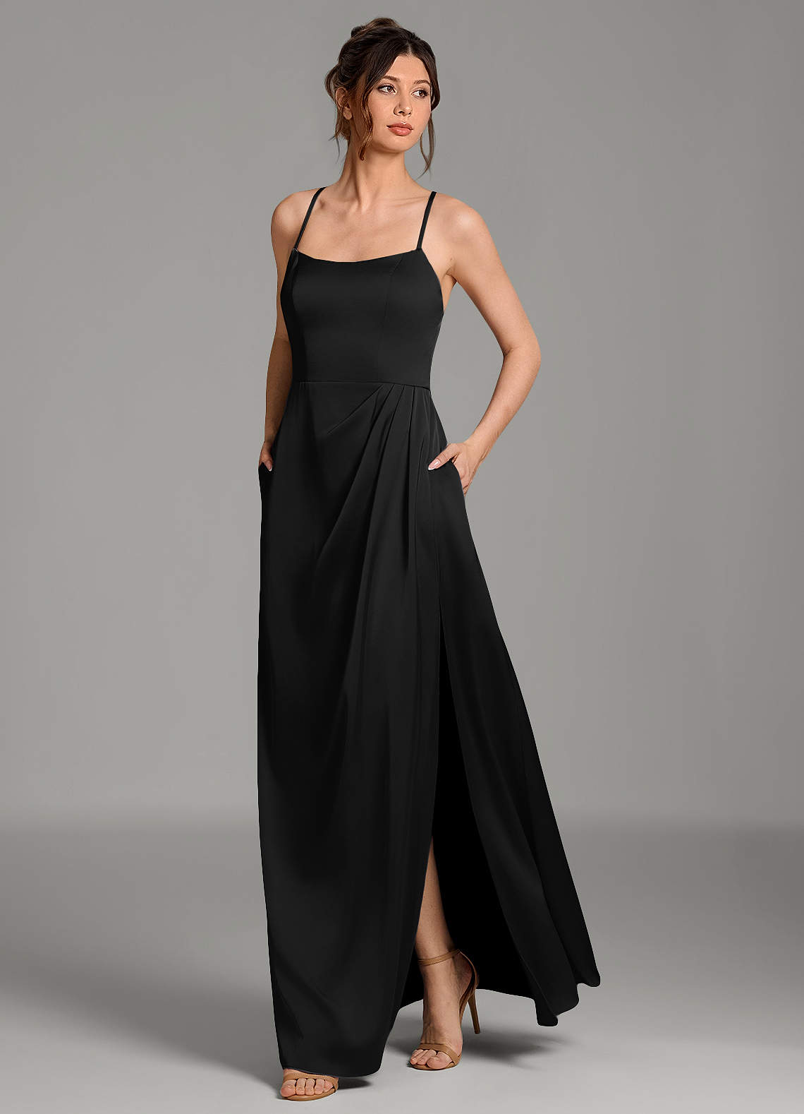 Frankie A-Line Scoop-Neck Stretch Satin Bridesmaid Dress in black
